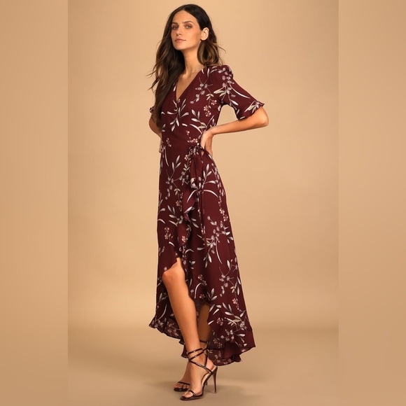 Lulus Wild Winds Burgundy Floral Full Wrap Ruffled Maxi Dress Women's Size M - Picture 11 of 11